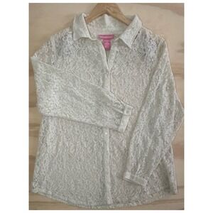 Woman Within Cream Lace Blouse Women's XL | Floral Button Up Long Sleeve Top